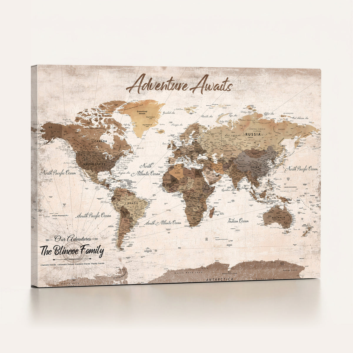 70887266-MGV-CV-36X24 - Custom Push Pin World Map Wall Art Canvas Print | Personalized Travel Tracker
