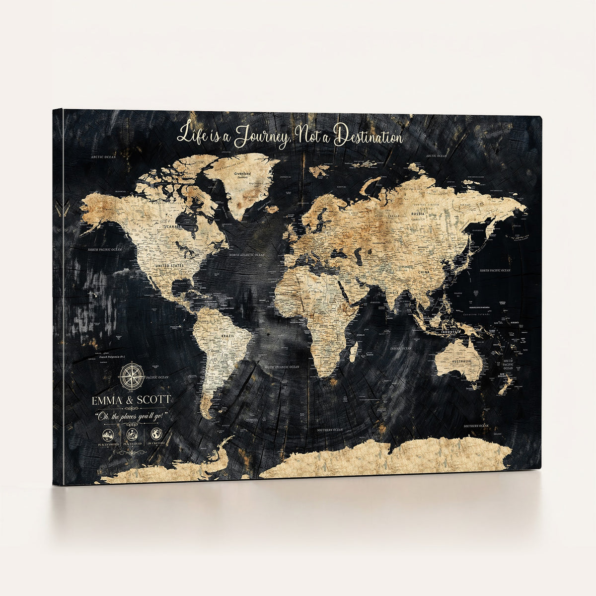 77472096-MGV-CV-36X24 - Custom Black Modern Push Pin World Map Wall Art, Next Trip Planner Map, Home Office and Entryway Decor