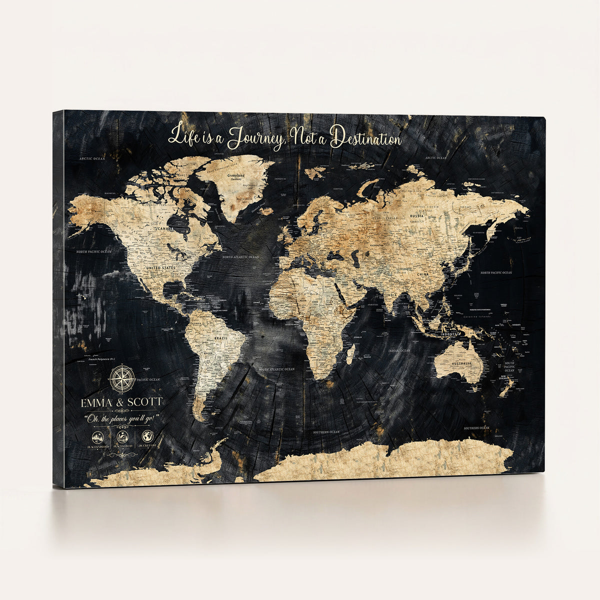 NEWMAP-13-MGV-CV-36X24 - Personalized Framed Navy Modern Push Pin World Map Canvas Print, Couples Countries Visited Map, Family Room and Study Decor