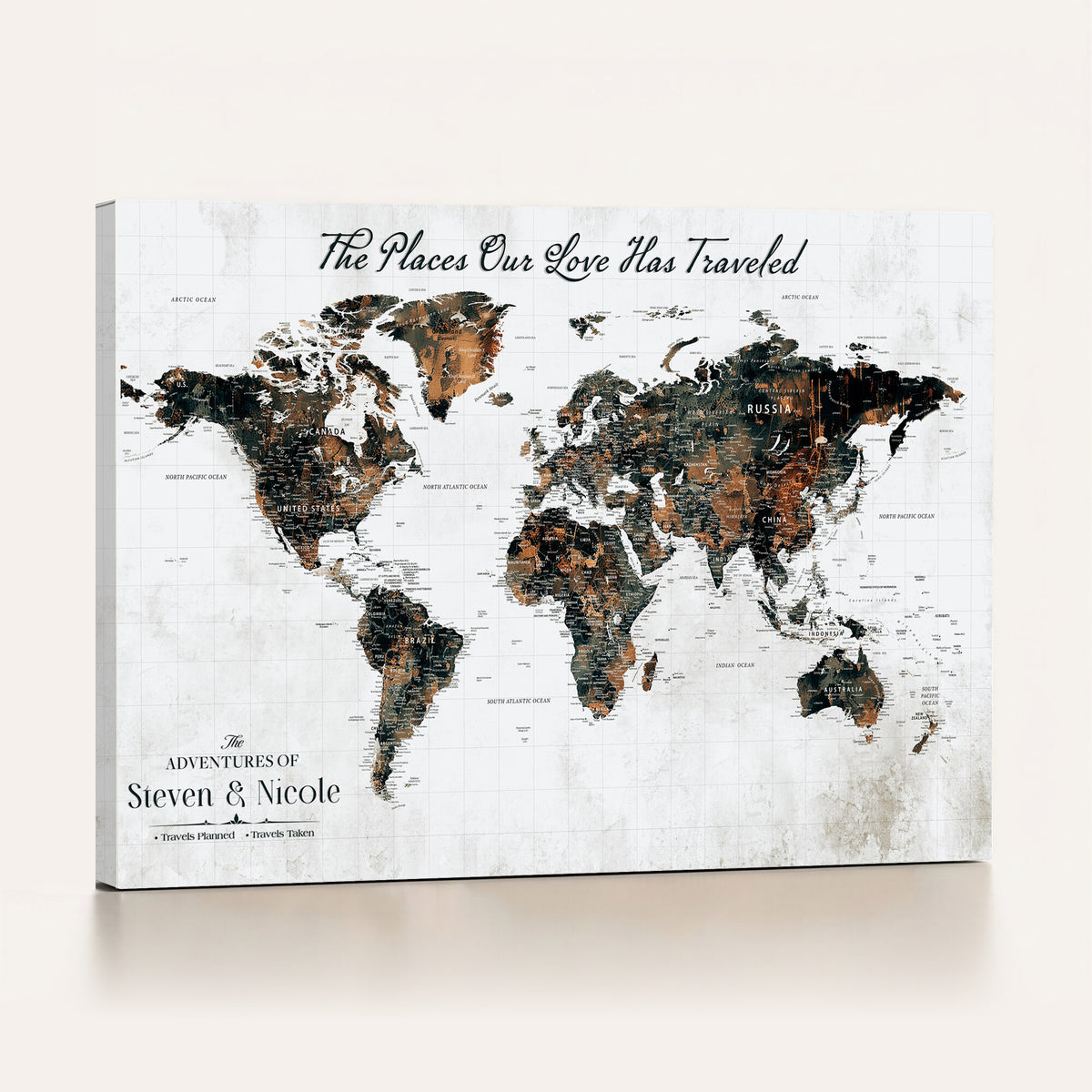 29090064-MGV-CV-36X24 - Personalized Beige Push Pin World Map Canvas Print, Honeymoon and Anniversary Gift, Living Room and Dining Room Decor