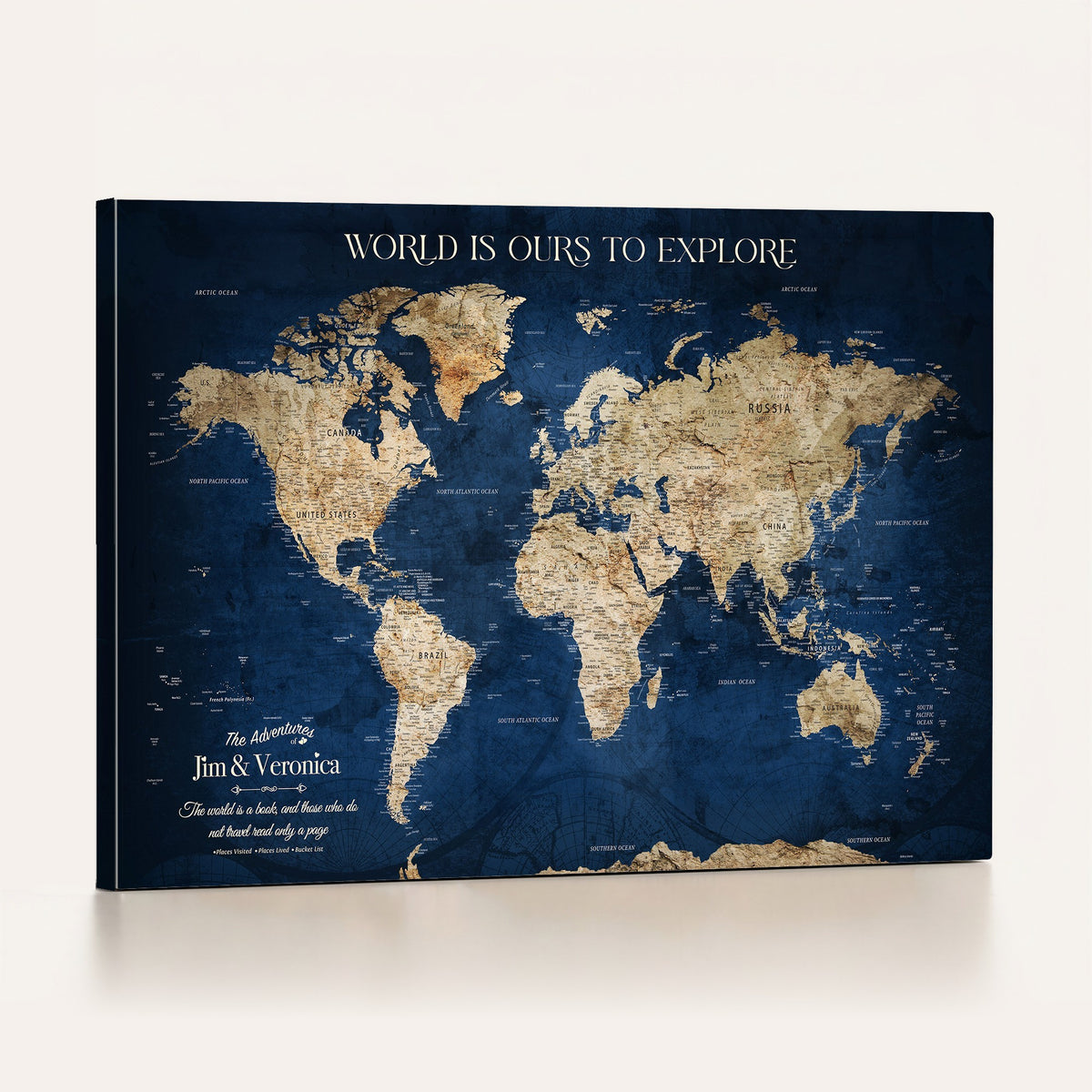 35296308-MGV-CV-36X24 - Custom Navy World Map Canvas with Push Pins, Family Travel Tracker, Living Room and Family Room Decor