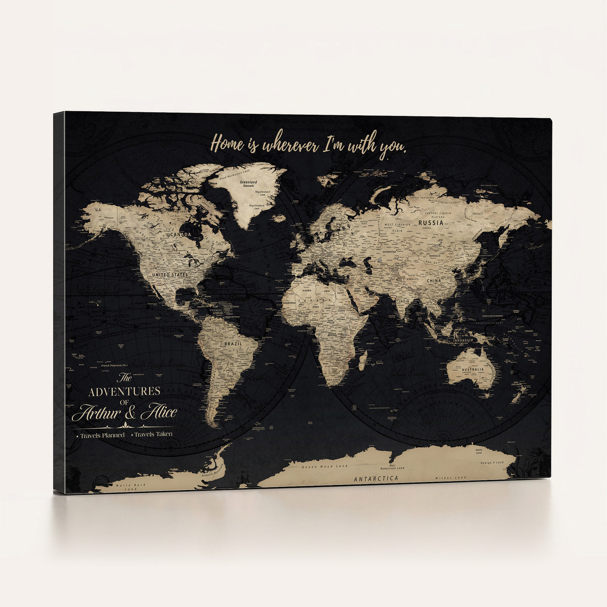 31416046-MGV-CV-36X24 - Custom Framed Beige Vintage Push Pin Travel Map Canvas Print, Honeymoon and Anniversary Gift, Study and Hallway Decor