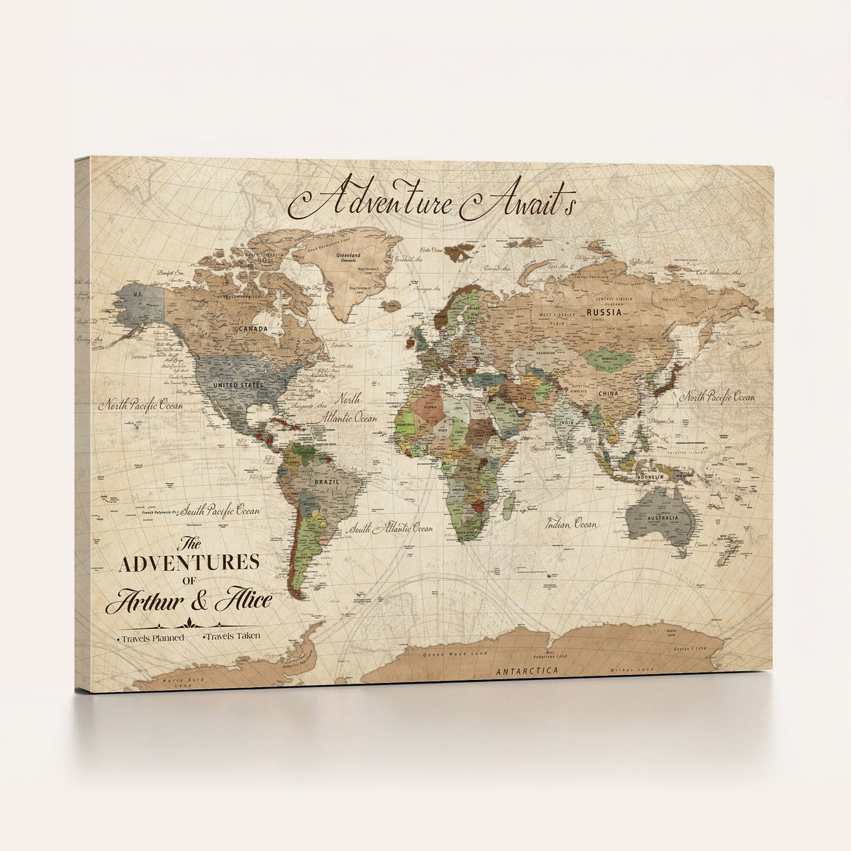 18308111-MGV-CV-36X24 - Custom Push Pin World Map Wall Art Canvas Print | Personalized Travel Tracker with Pins Framed Large for Home and Office Decor