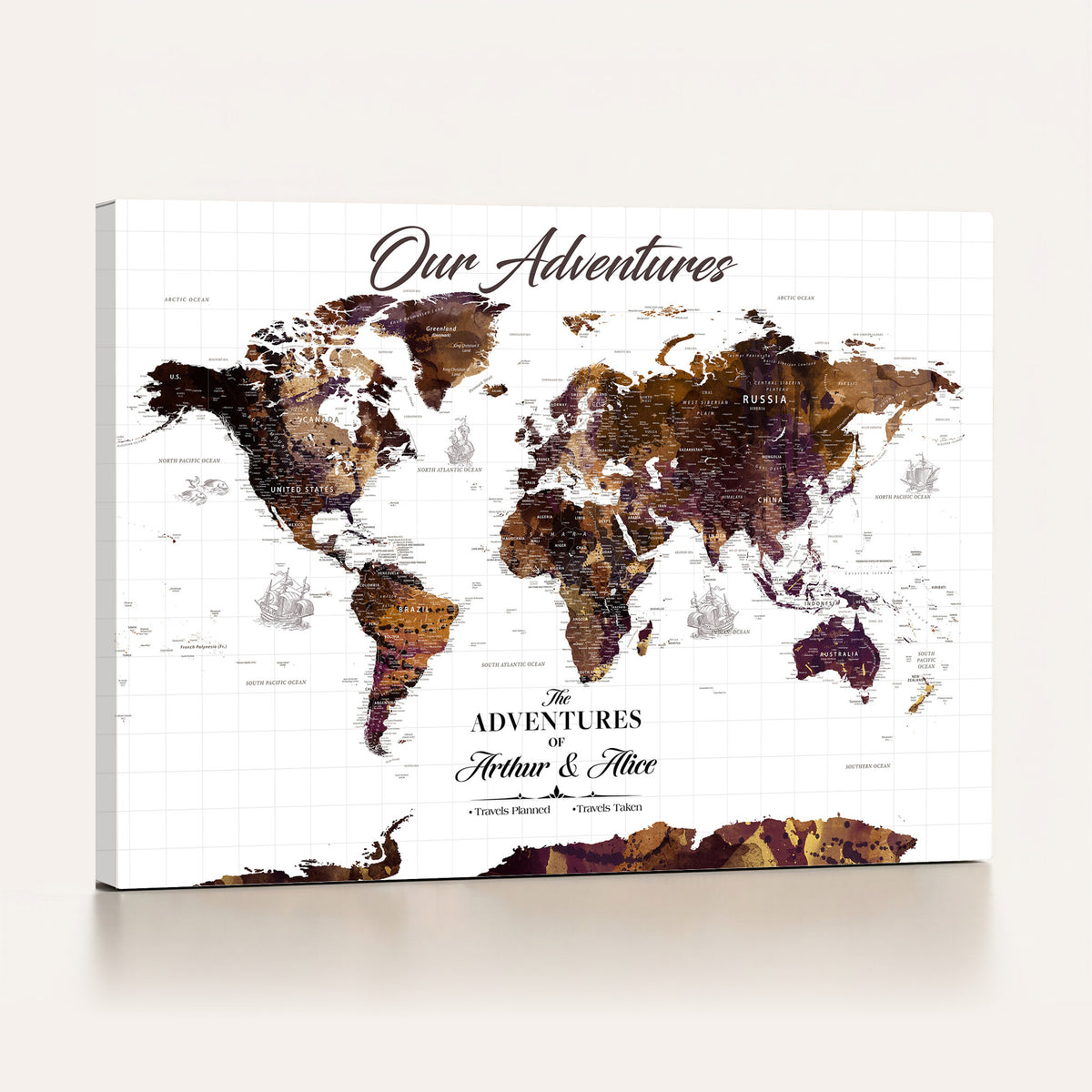 95729279-MGV-CV-36X24 - Personalized Framed Beige Vintage Push Pin Travel Map Canvas Print, Next Trip Planner Map, Home Office and Entryway Decor