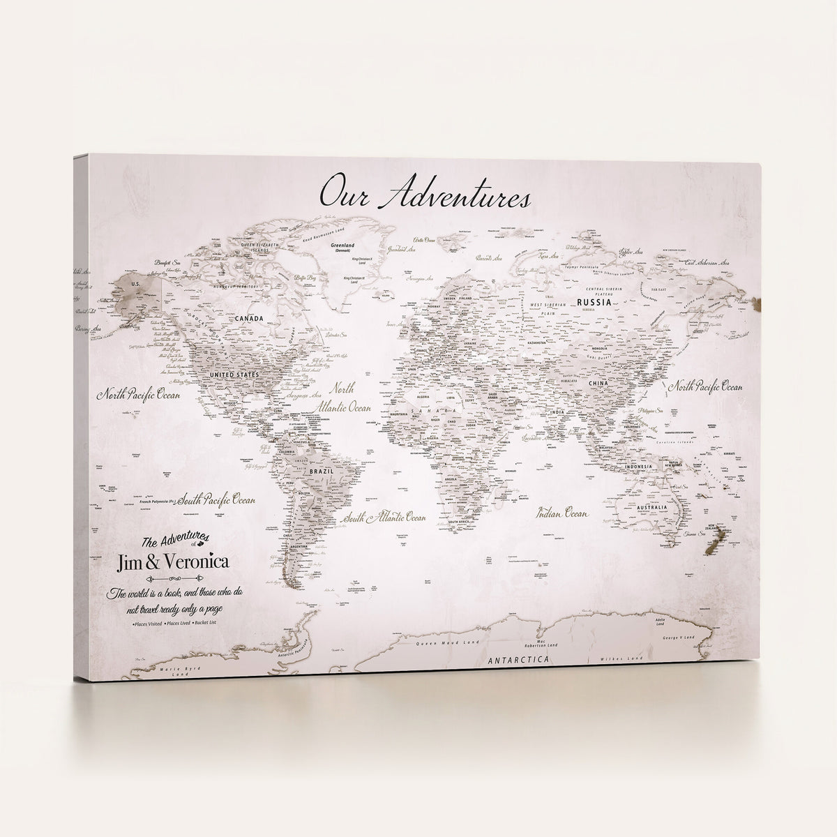 62392749-MGV-CV-36X24 - Personalized Beige Vintage World Travel Map Wall Art with Pins, Honeymoon and Anniversary Gift, Entryway and Hallway Decor
