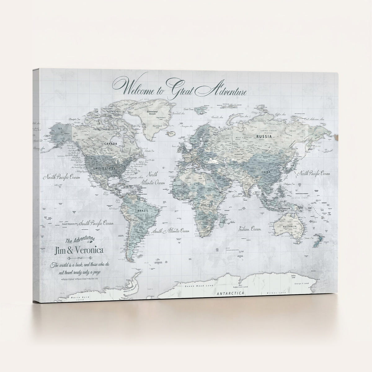 55391088-MGV-CV-36X24 - Personalized Beige Antique Push Pin World Map Canvas Print, Family Travel Tracker, Family Room and Entryway Decor