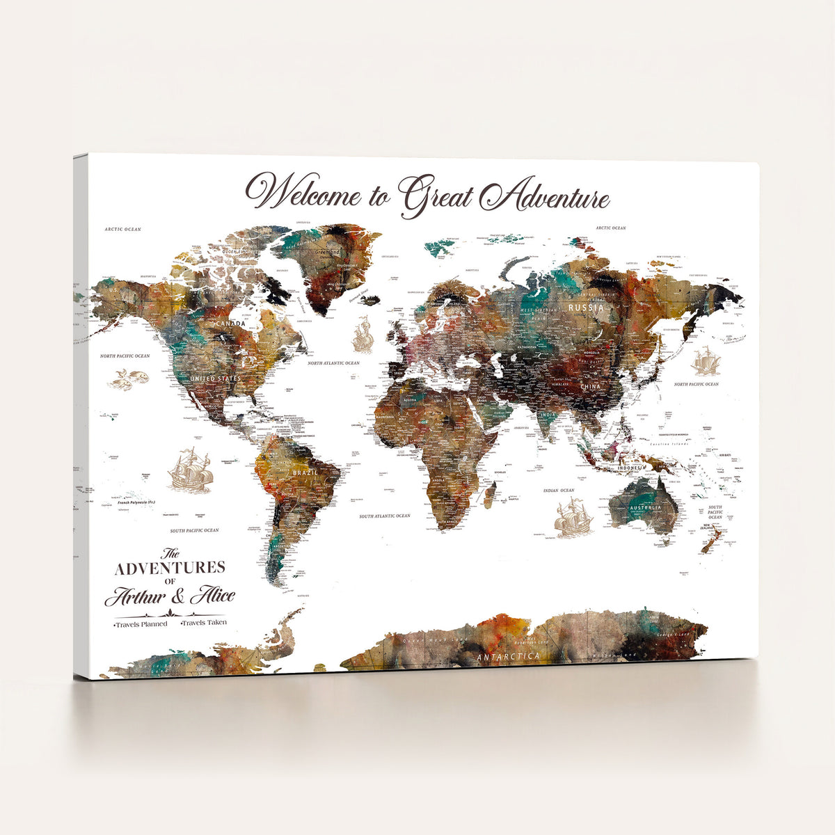 20271103-MGV-CV-36X24 - Custom Framed Beige Modern Push Pin World Map Wall Art, Couples Countries Visited Map, Study and Entryway Decor