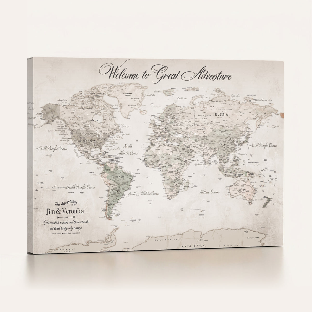 84311132-MGV-CV-36X24 - Personalized Beige World Map Canvas with Push Pins, Places Visited Tracker, Family Room and Entryway Decor