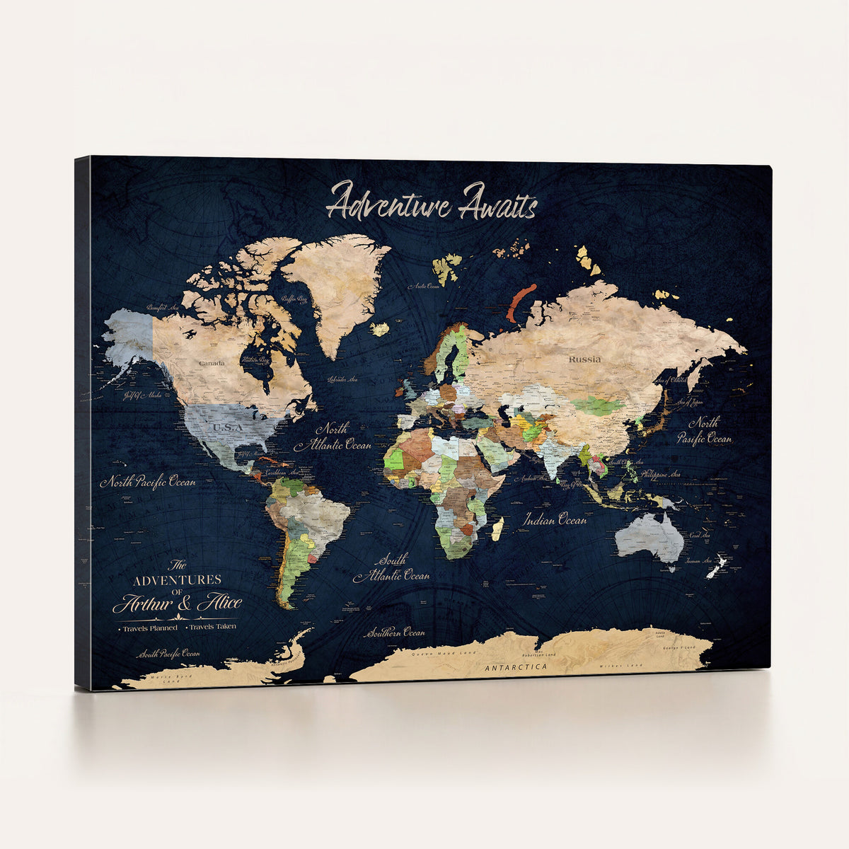 39120422-MGV-CV-36X24 - Personalized Beige Antique Push Pin Travel Map Canvas Print, Bucket List Map, Dining Room and Entryway Decor