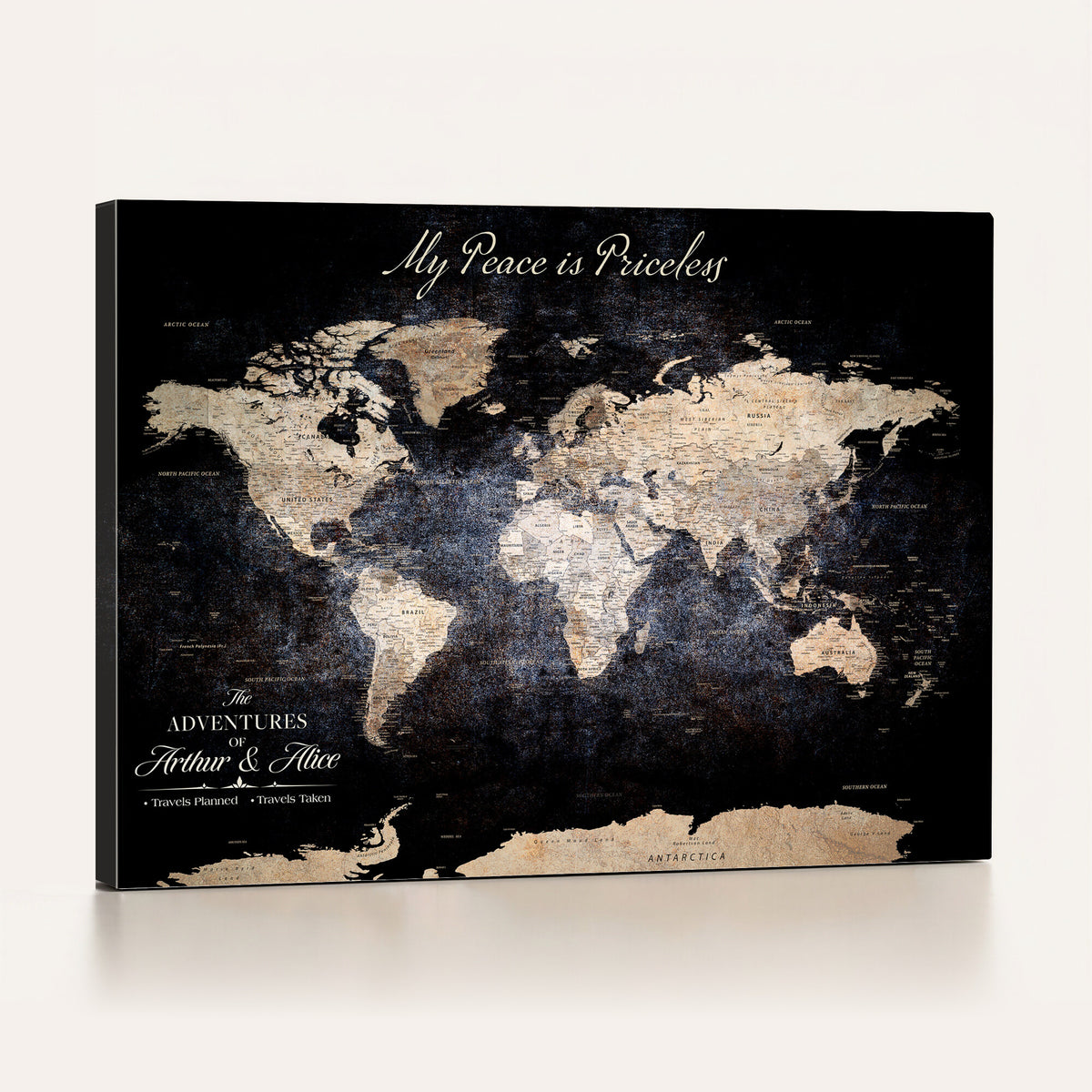 38689152-MGV-CV-36X24 - Personalized Beige World Map Canvas with Push Pins, Couples Countries Visited Map, Study and Hallway Decor