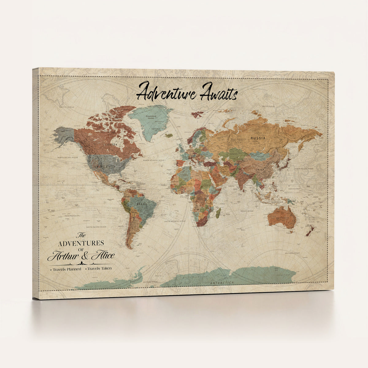 10741176-MGV-CV-36X24 - Custom Push Pin World Map Wall Art Canvas Print | Personalized Travel Tracker with Pins Framed Large for Home and Office Decor