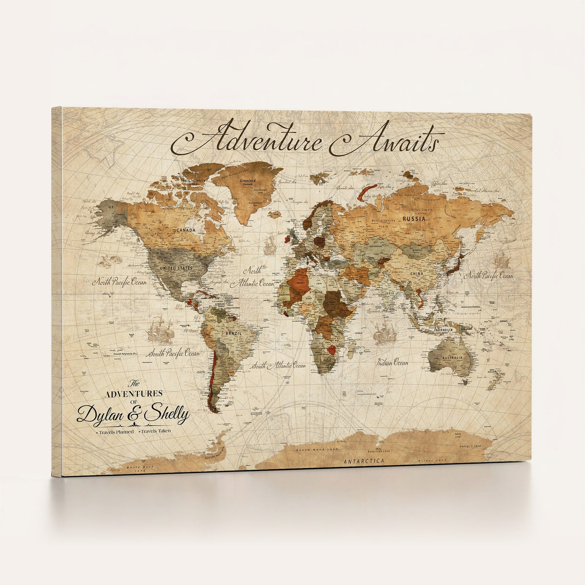 96009630-MGV-CV-36X24 - Personalized Black Modern World Map Canvas with Push Pins, Family Travel Tracker, Bedroom and Study Decor