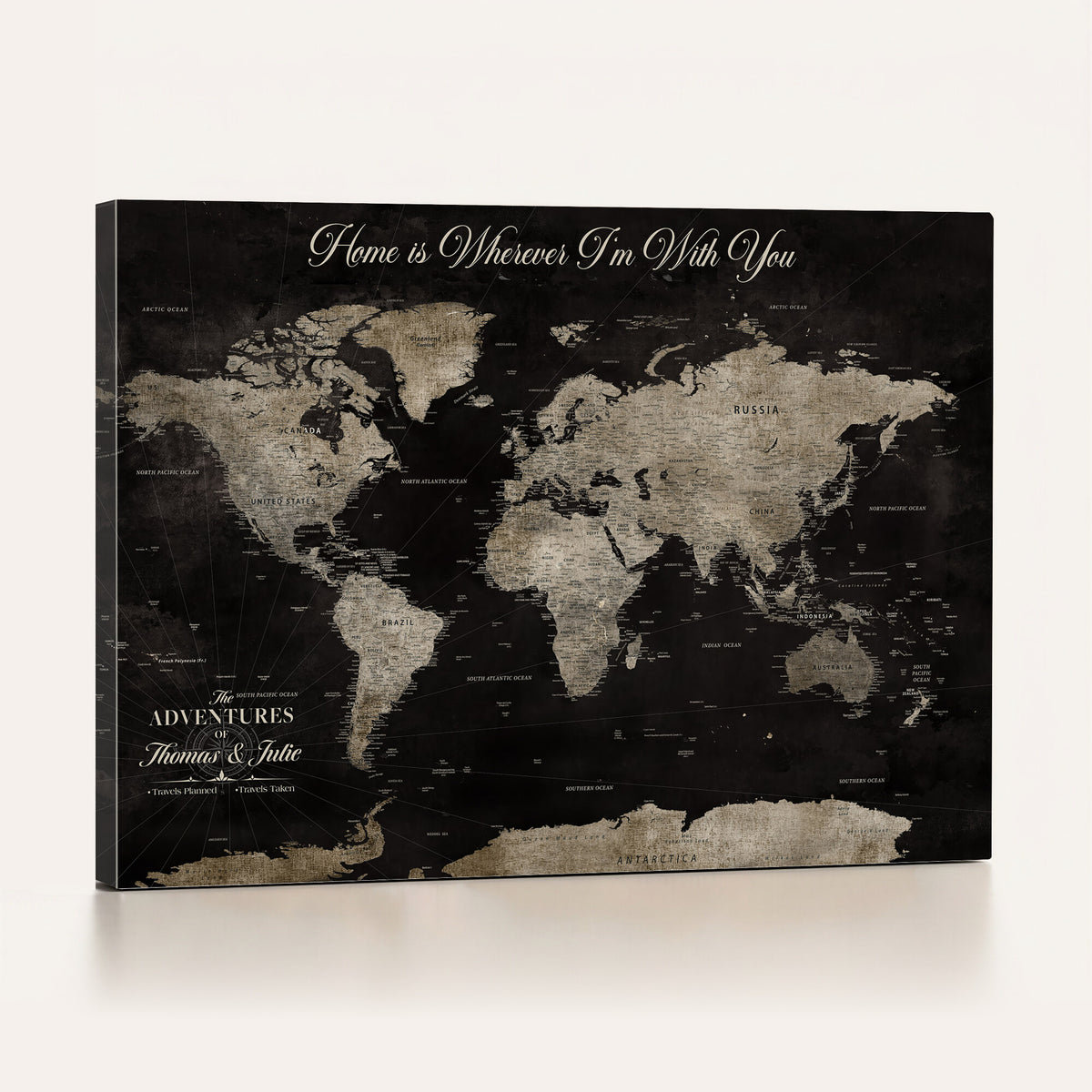 28461537-MGV-CV-36X24 - Personalized Framed Black Geometric World Map Canvas with Push Pins, Bucket List Map, Living Room and Dining Room Decor