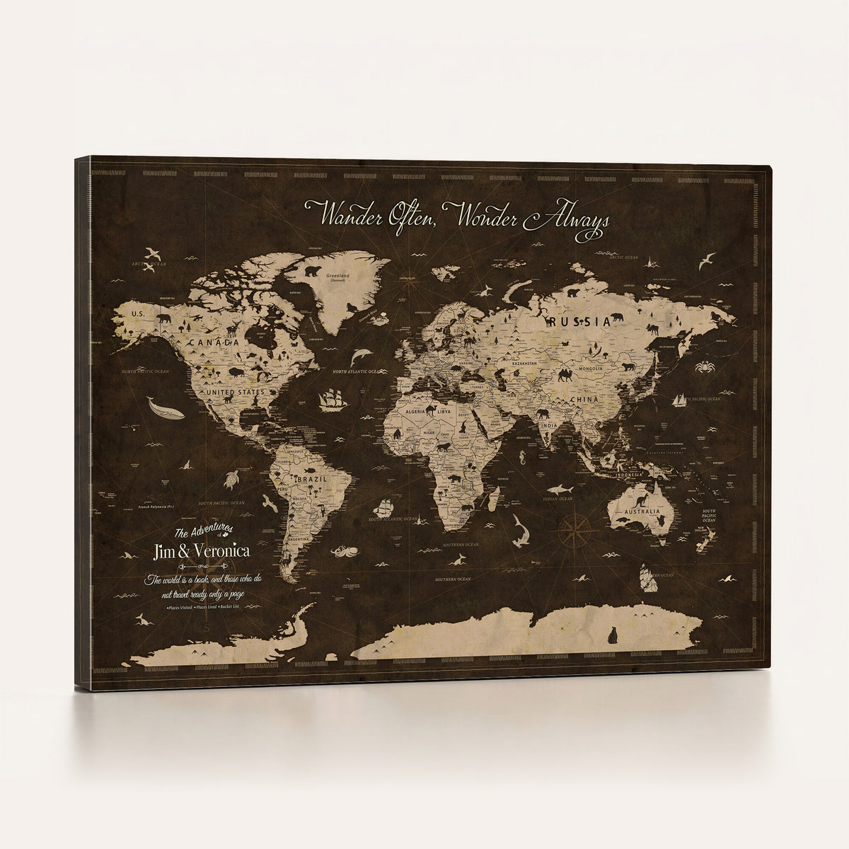 20091587-MGV-CV-36X24 - Custom Push Pin World Map Wall Art Canvas Print | Personalized Travel Tracker with Pins Framed Large for Home and Office Decor