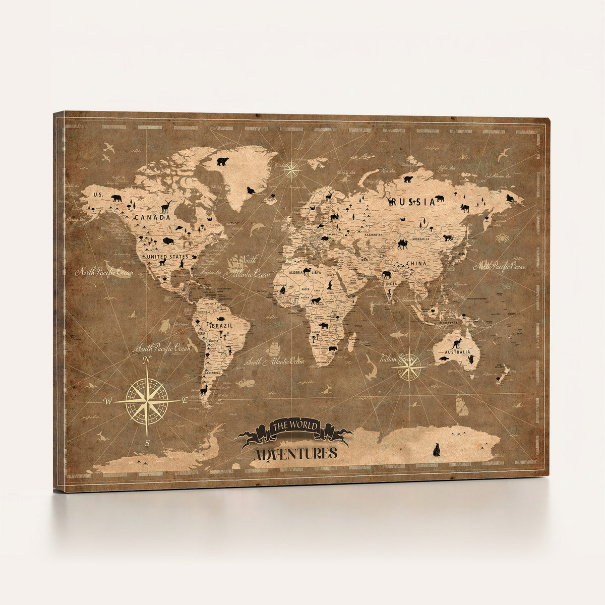 16235283-MGV-CV-36X24 - Custom World Travel Map Wall Art with Pins, Family Travel Tracker, Living Room and Bedroom Decor