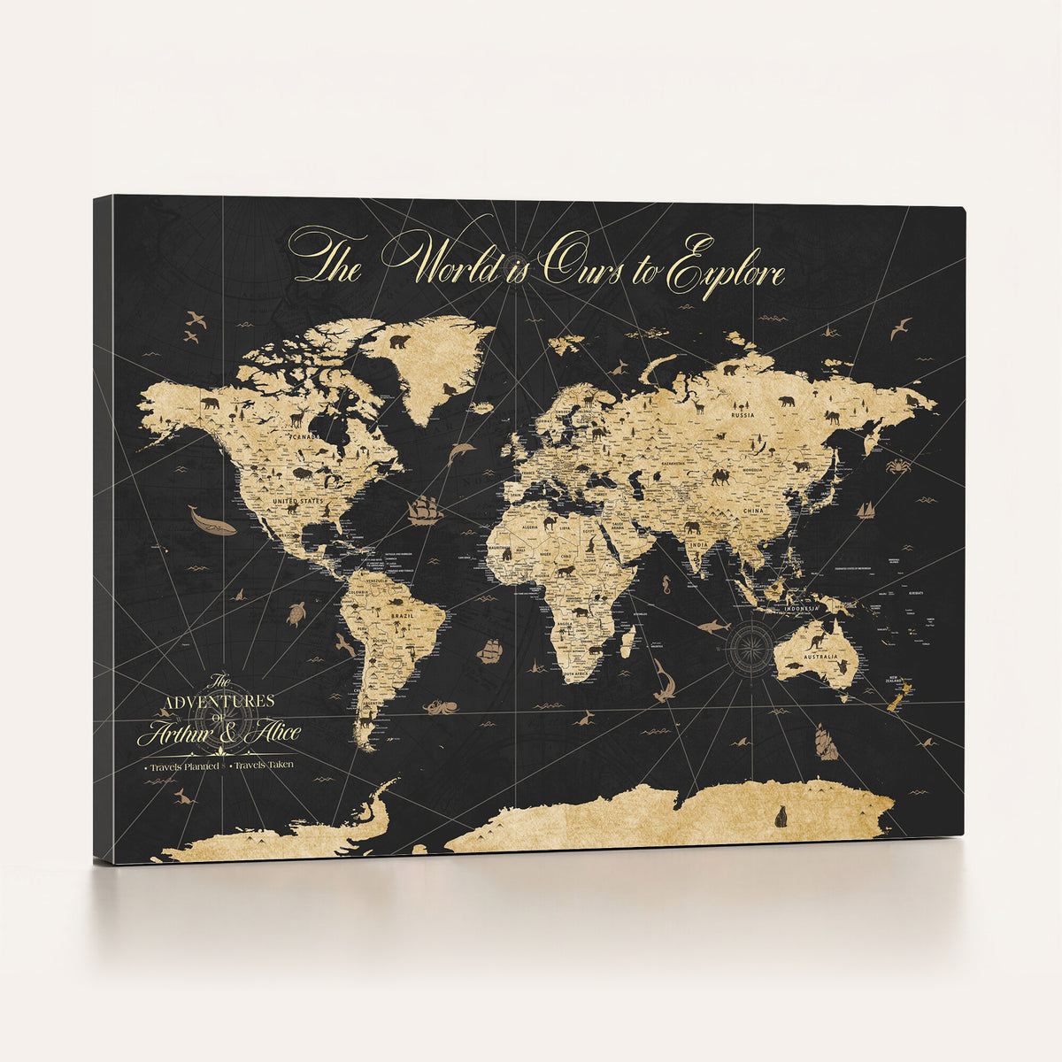 54097664-MGV-CV-36X24 - Custom Push Pin World Map Canvas Print, Couples Countries Visited Map, Living Room and Home Office Decor