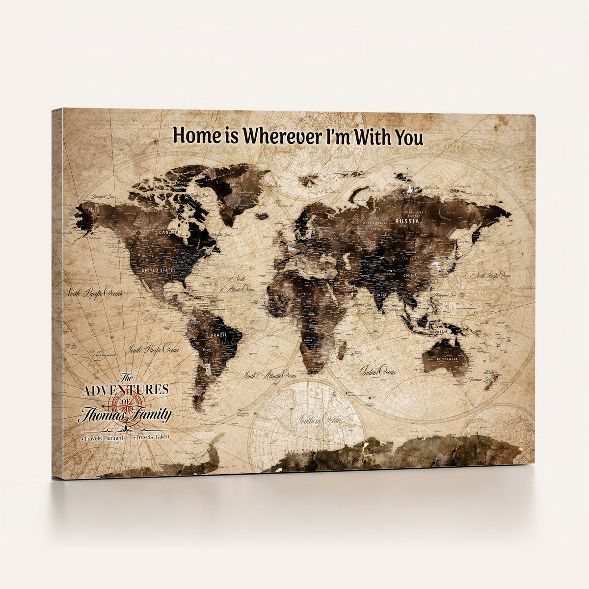 74771891-MGV-CV-36X24 - Personalized Framed Beige Modern World Travel Map Wall Art with Pins, Family Adventure Map, Living Room and Hallway Decor