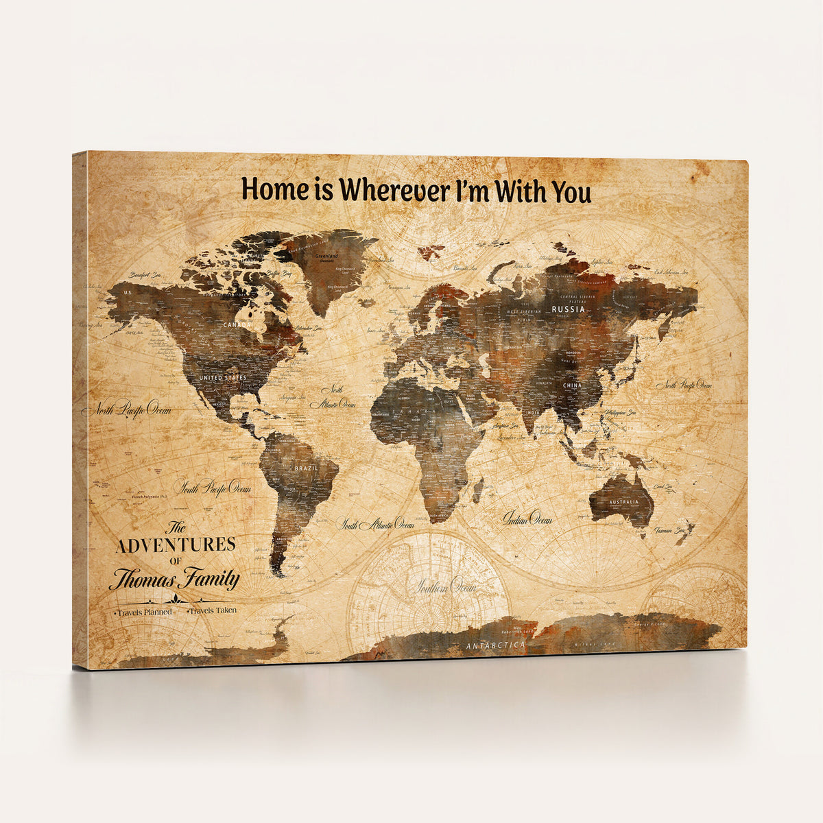 99095125-MGV-CV-36X24 - Large Personalized Framed Beige Push Pin World Map Canvas Print, Bucket List Map, Living Room and Dining Room Decor