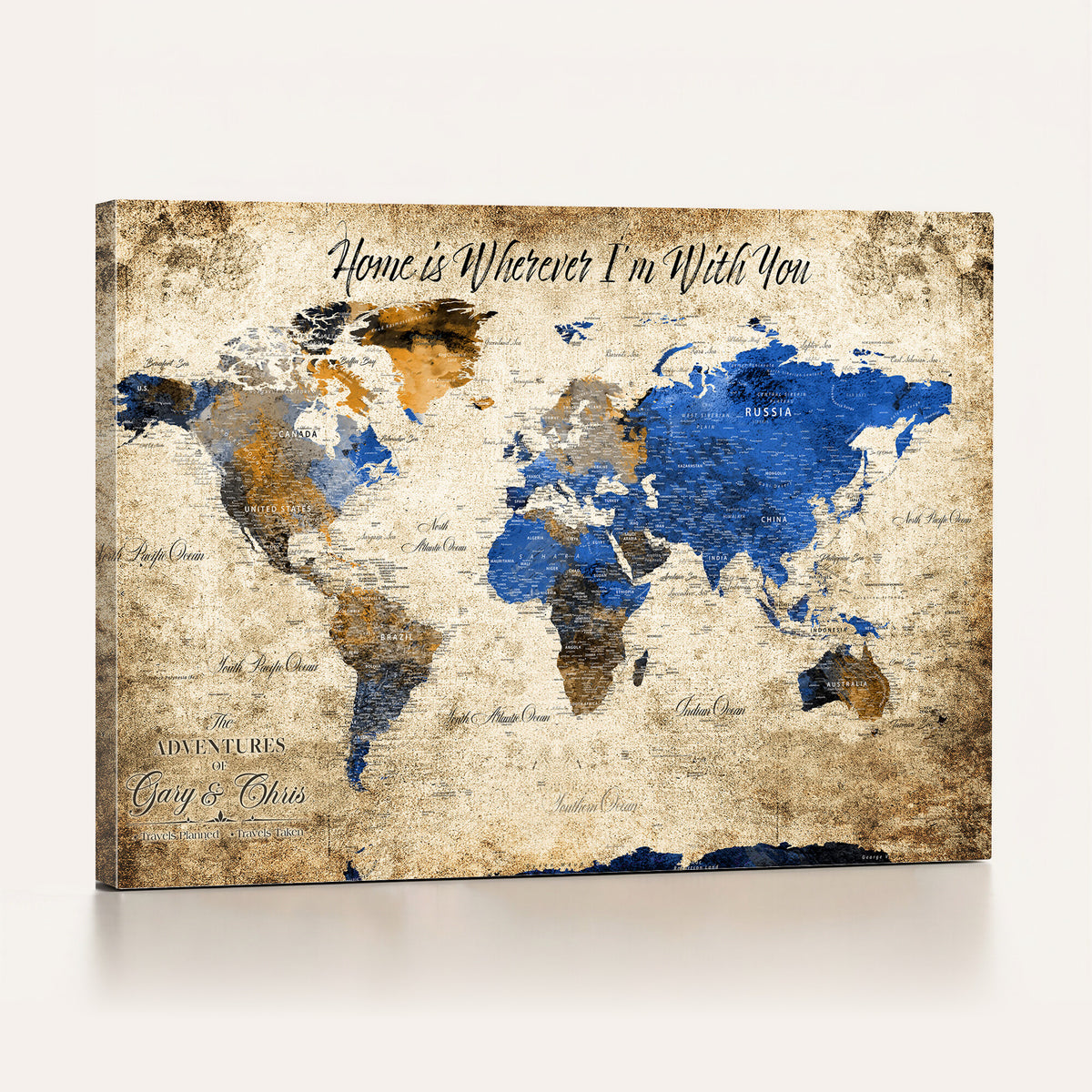 13332533-MGV-CV-36X24 - Personalized Framed Beige World Map Canvas with Push Pins, Honeymoon and Anniversary Gift, Living Room and Home Office Decor