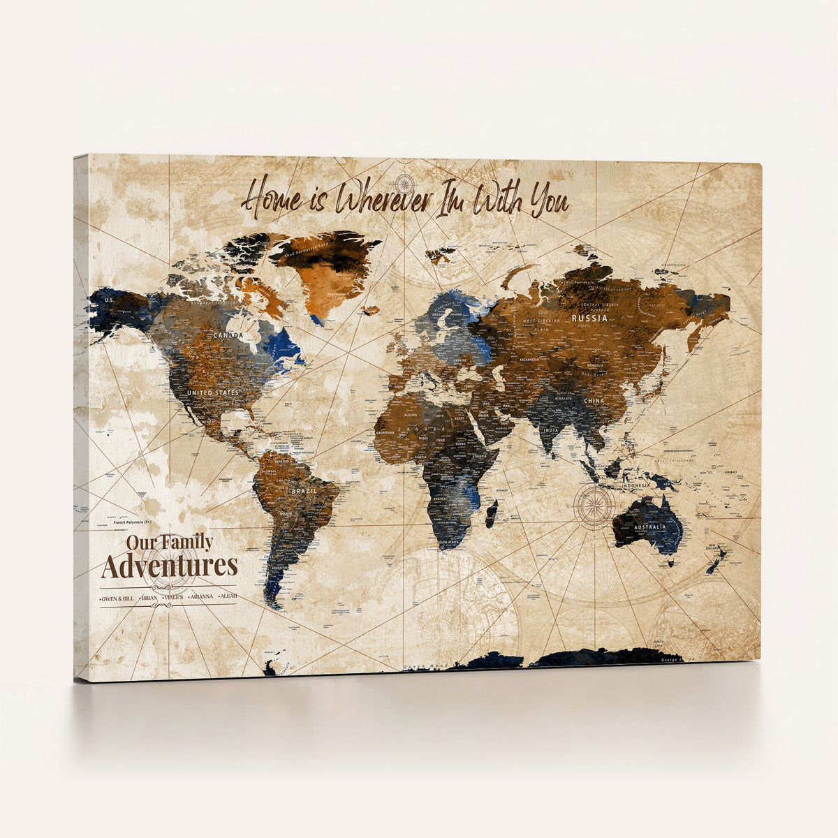 20227642-MGV-CV-36X24 - Custom Framed Beige Vintage World Travel Map Wall Art with Pins, Places Visited Tracker, Home Office and Entryway Decor