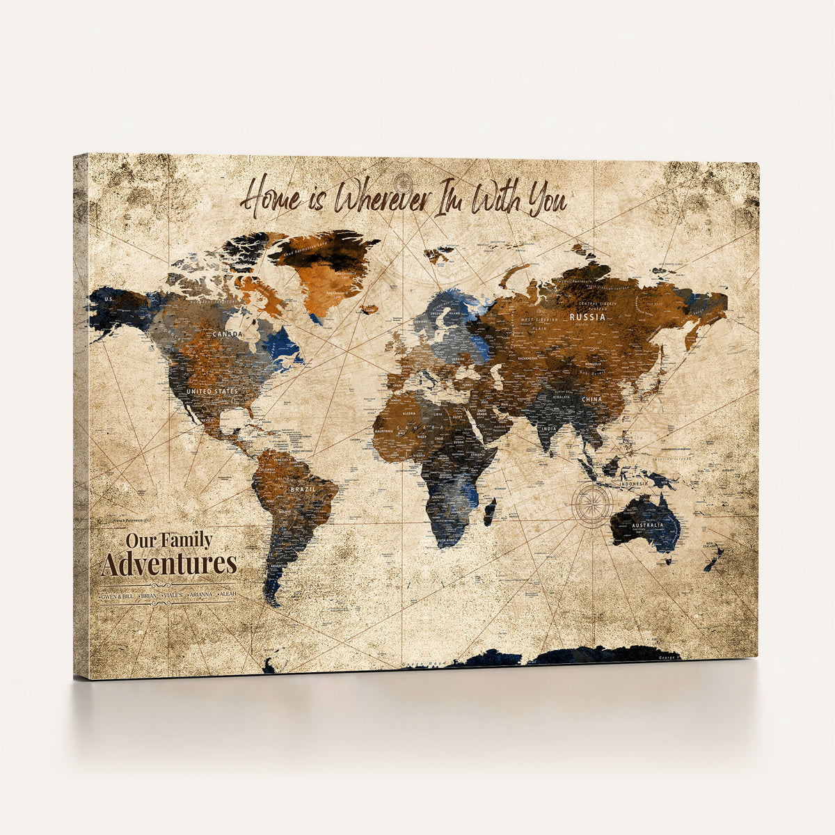 17548029-MGV-CV-36X24 - Personalized Framed Beige Modern Push Pin World Map Canvas Print, Bucket List Map, Home Office and Study Decor