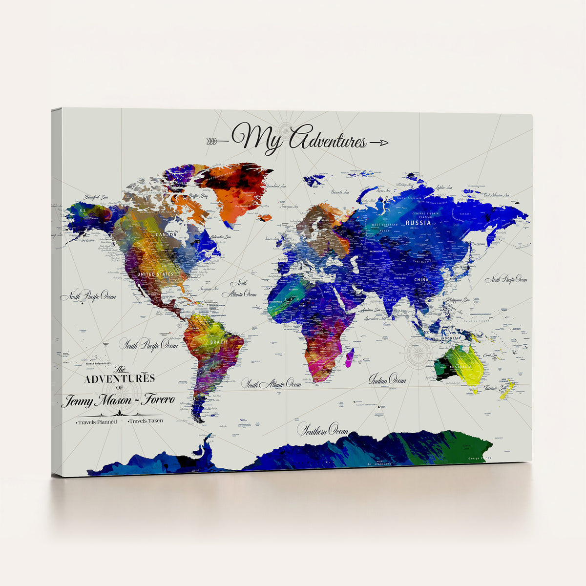 45423989-MGV-CV-36X24 - Detailed Custom Framed Beige Modern World Map Canvas with Push Pins, Honeymoon and Anniversary Gift, Dining Room and Home Office Decor