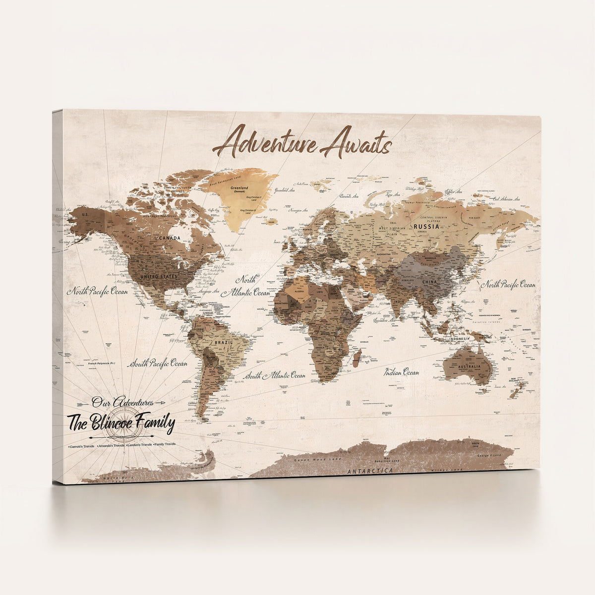 64110351-MGV-CV-36X24 - Custom Framed White Modern World Map Canvas with Push Pins, Places Visited Tracker, Dining Room and Entryway Decor