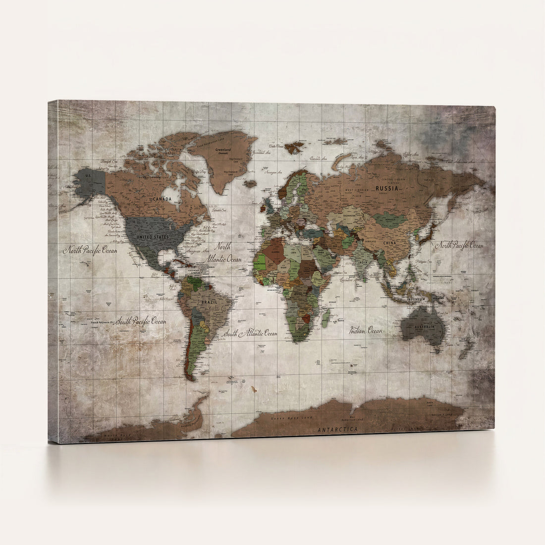 Black and White World Map Canvas Print | Framed Detailed Map of the World