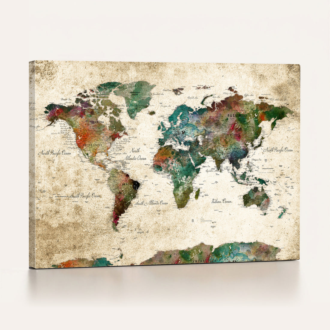 Colorful Grunge World Map Canvas Print | Framed Detailed Map of the World