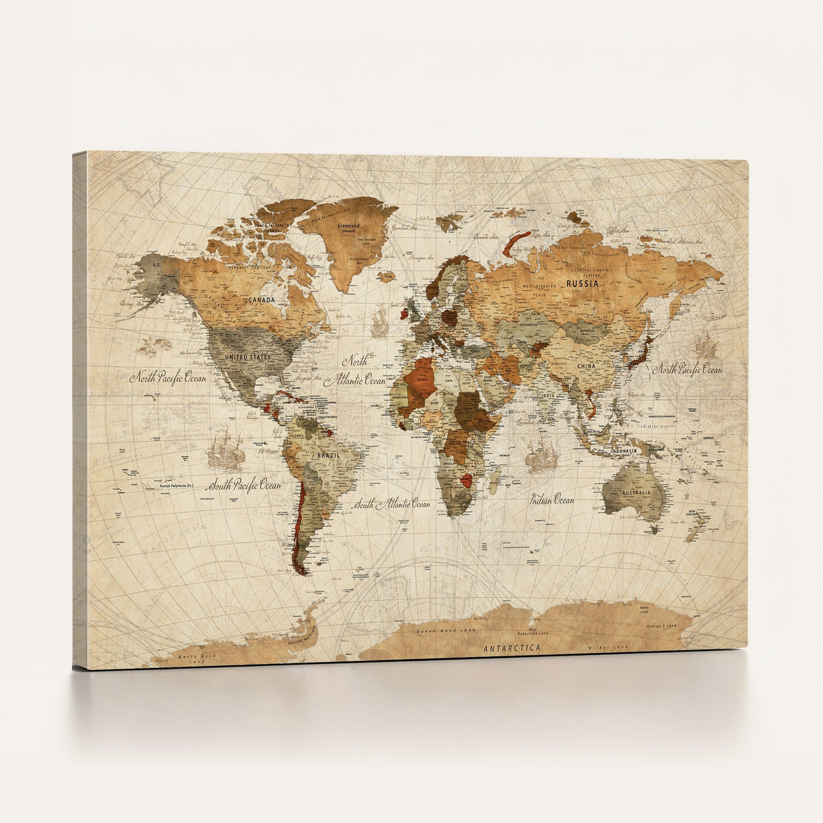 30704397-MGV-CV-24X16 - Rustic Vintage World Map Canvas Print | Framed Modern Vintage Travel Map Wall Art