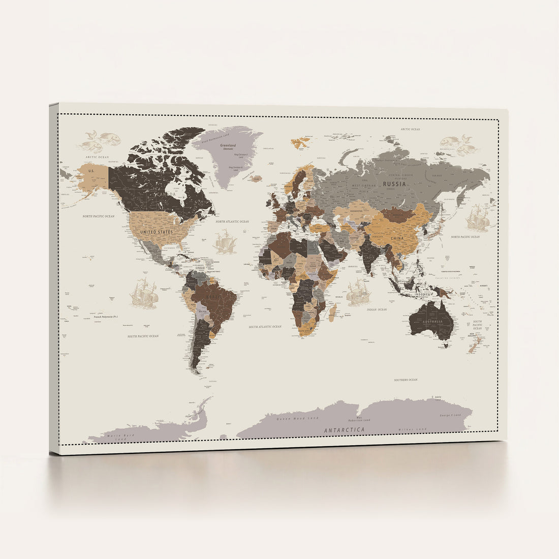 Custom Beige Modern Push Pin World Map Canvas Print, Places Visited Tracker, Bedroom and Study Decor