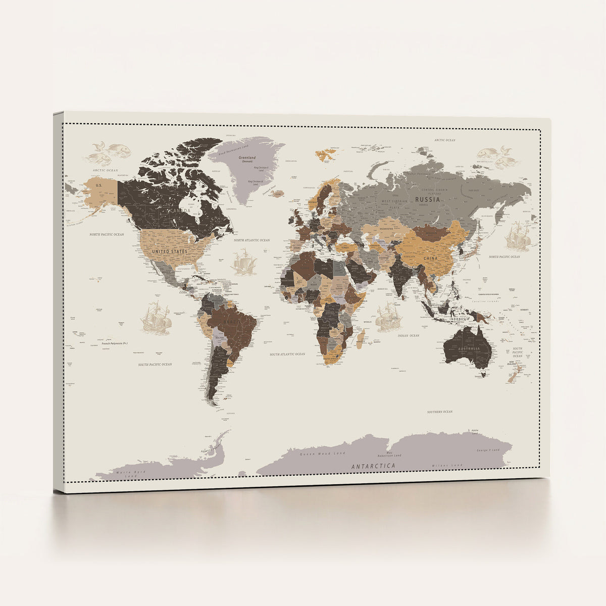 58777746-MGV-CV-36X24 - Custom Beige Modern Push Pin World Map Canvas Print, Places Visited Tracker, Bedroom and Study Decor