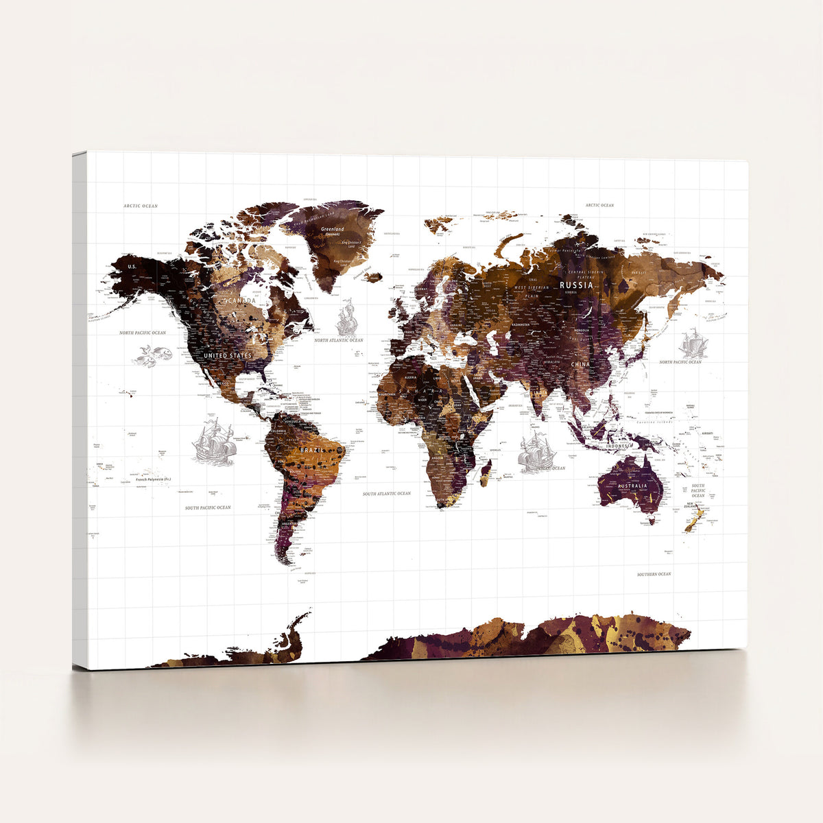34792695-MGV-CV-36X24 - Rustic World Map Wall Art Canvas Print | Large Vintage Blue World Map on Wood Grain Style Background