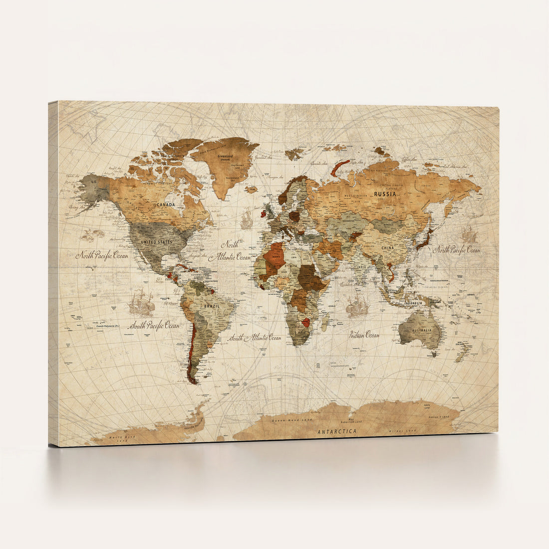 Vintage World Map Canvas Print, Framed Rustic Detailed Map of the World, Explorer Decor