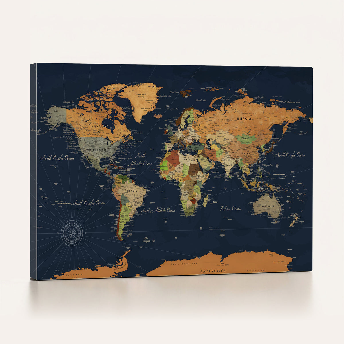 11715182-MGV-CV-36X24 - Modern World Map Canvas Print, Framed Detailed Map of the World Wall Art