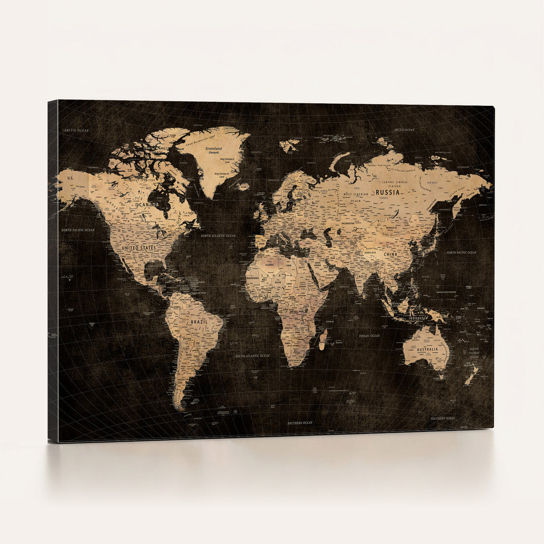Brown World Map Canvas Print | Modern Travel Map Wall Art