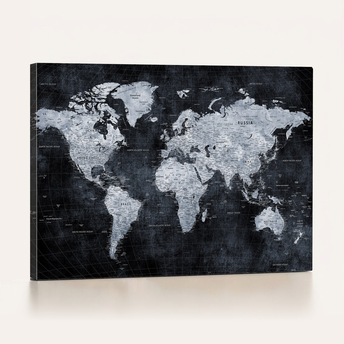 Black World Map Canvas Print | Detailed Map for Couples and Anniversary Gift