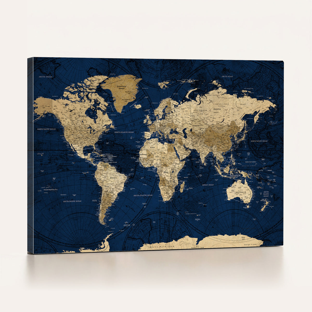 54770746-MGV-CV-36X24 - Navy Blue World Map Canvas Print – Detailed Map Minimal Navy
