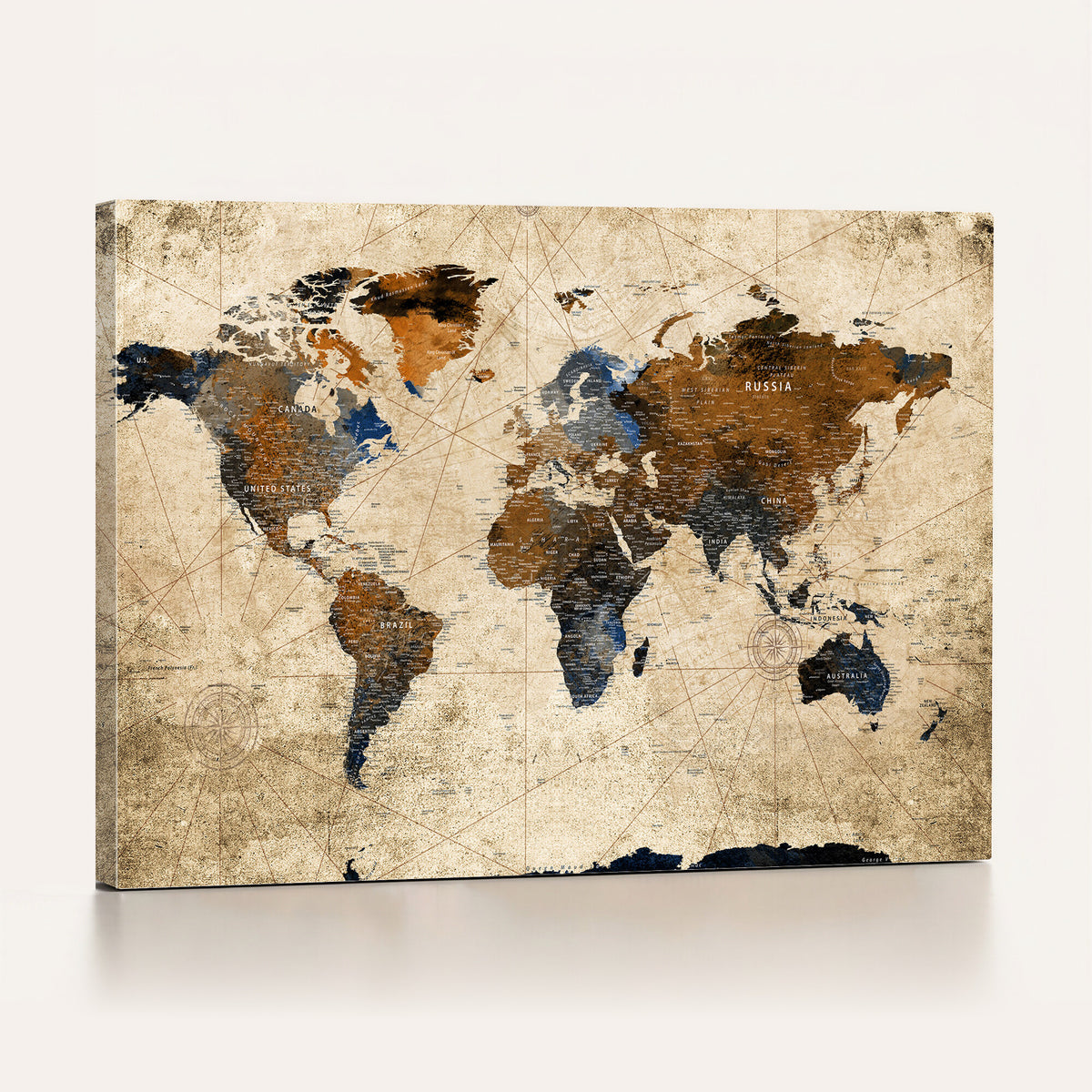 27163414-MGV-CV-36X24 - World Map Wall Art – Rustic Earth Tone Canvas Print, Antique
