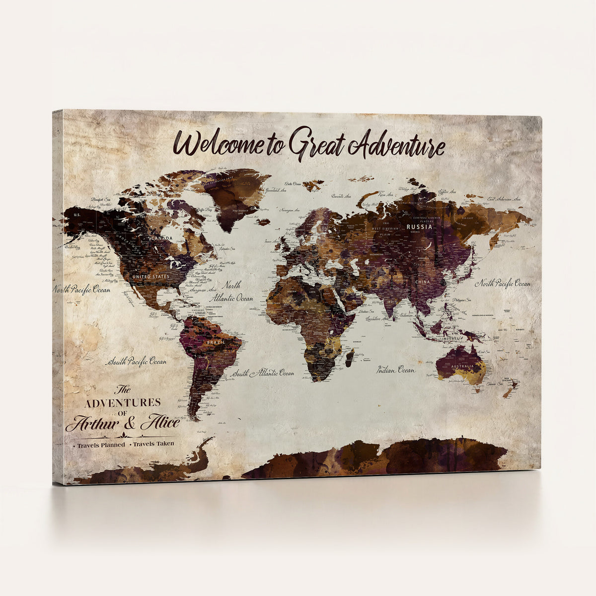 64110391126-MGV-CV-36X24 - Custom Beige World Travel Map Wall Art with Pins, Places Visited Tracker, Family Room and Entryway Decor
