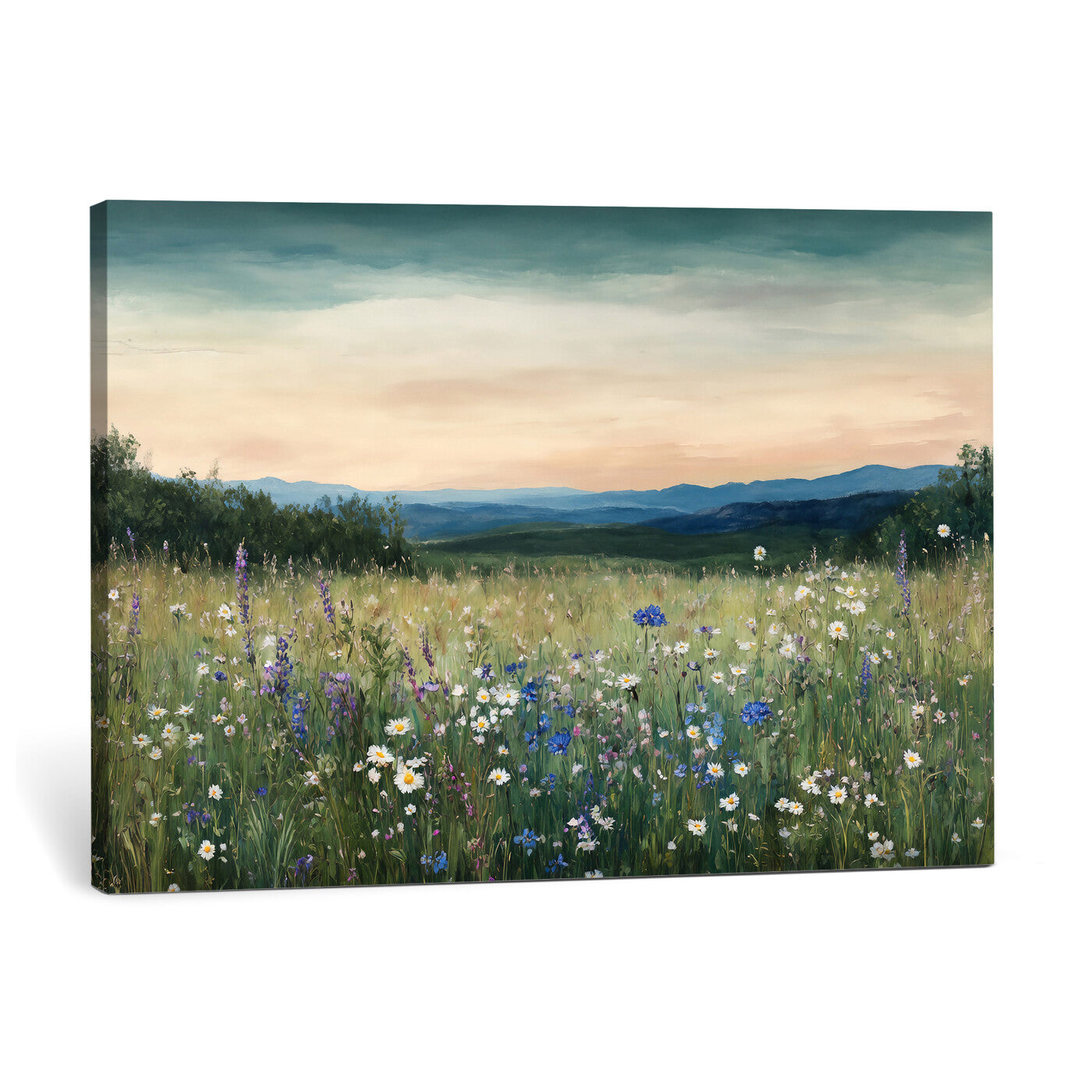 35773805-MGV-CV-36X24 - Wildflower Meadow Oil Painting Canvas Print - Daisy Lavender Mountain Sunset Print | Cottagecore Floral Wall Art - Bedroom Decor Gift for Her