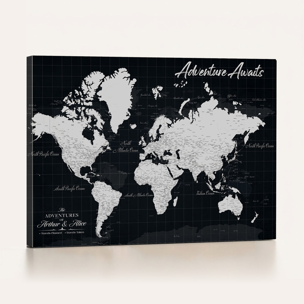 19855445B-MGV-CV-36X24 - Personalized Black Push Pin Travel Map Canvas Print, Couples Countries Visited Map, Entryway and Hallway Decor