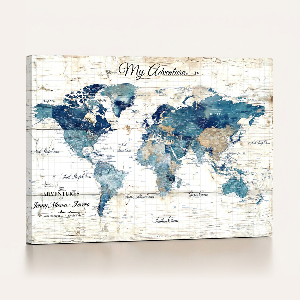 18761277-MGV-CV-36X24 - Personalized Watercolor World Map Canvas with Push Pins, Family Travel Tracker, Home Office and Entryway Decor