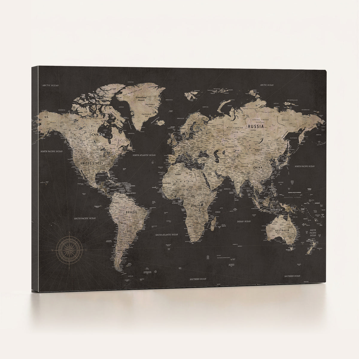 56556018136-MGV-CV-36X24 - World Map Canvas Wall Art Dark Charcoal Antique Tan Detailed