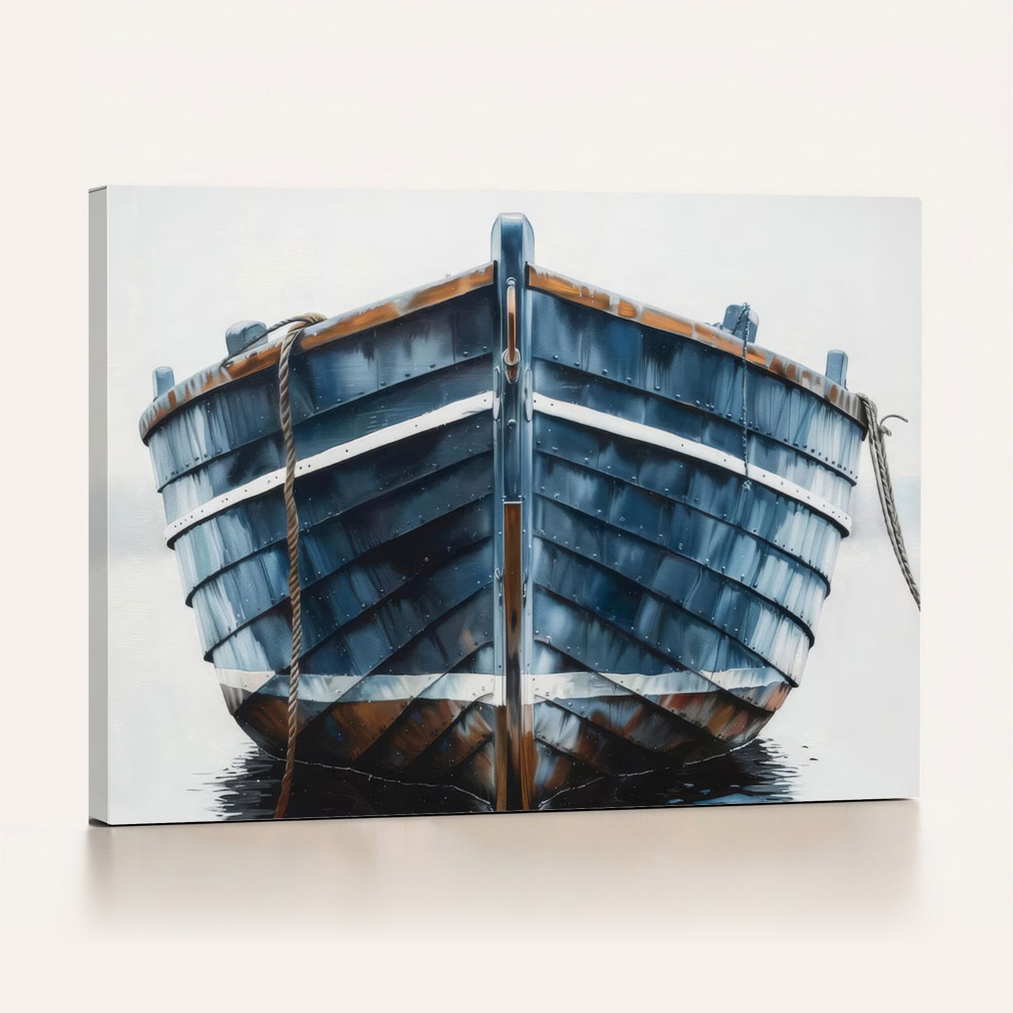 21601740-MGV-CV-36X24 - Blue Wooden Rowboat Canvas Wall Art, Coastal Nautical Boat Painting Print for Lake Beach House Decor, Minimalist Maritime Decor Artwork