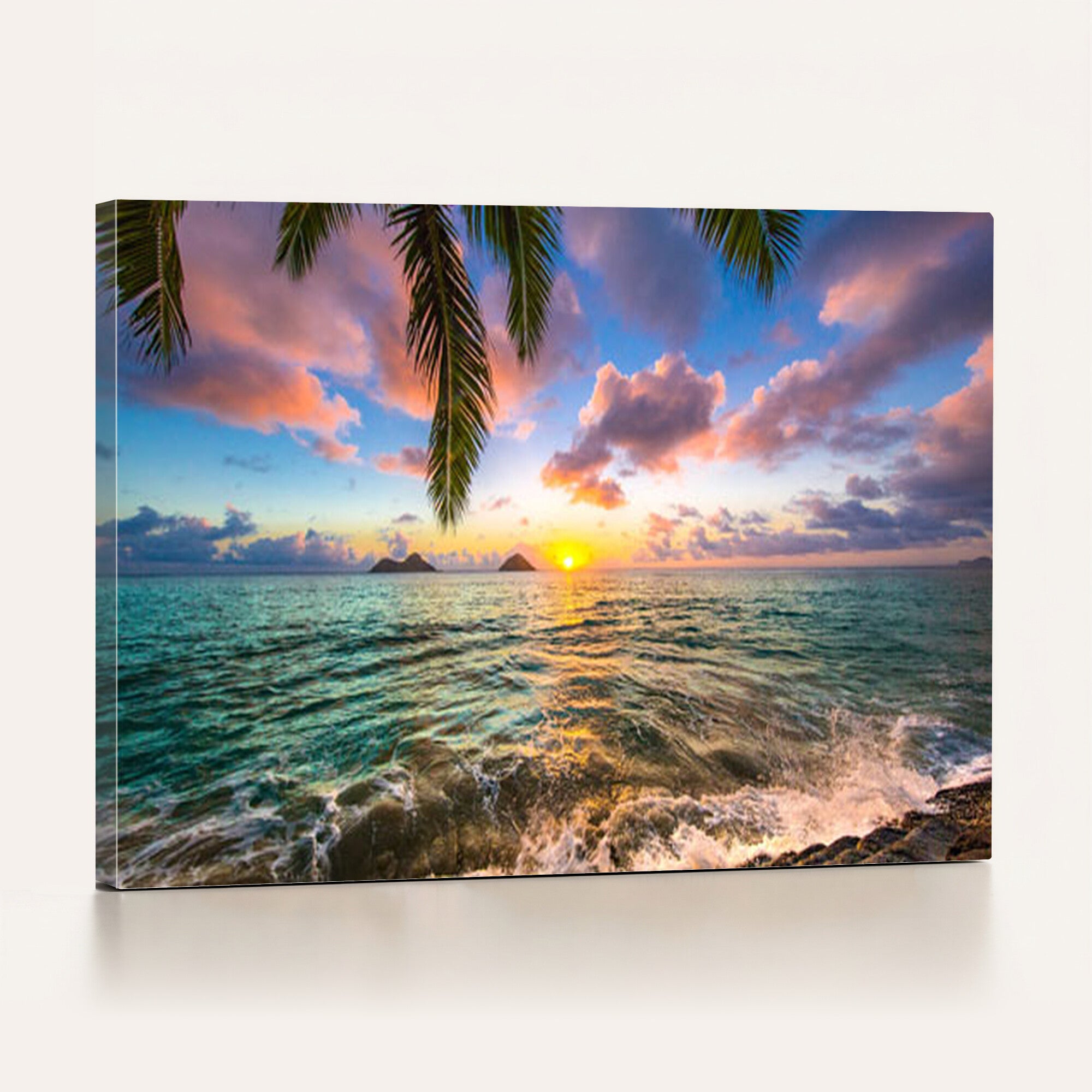 13207742-MGV-CV-36X24 - Hawaii Beach Sunset Canvas Wall Art Print, Tropical Ocean Landscape Artwork, Palm Tree Coastal Decor for Living Room Bedroom
