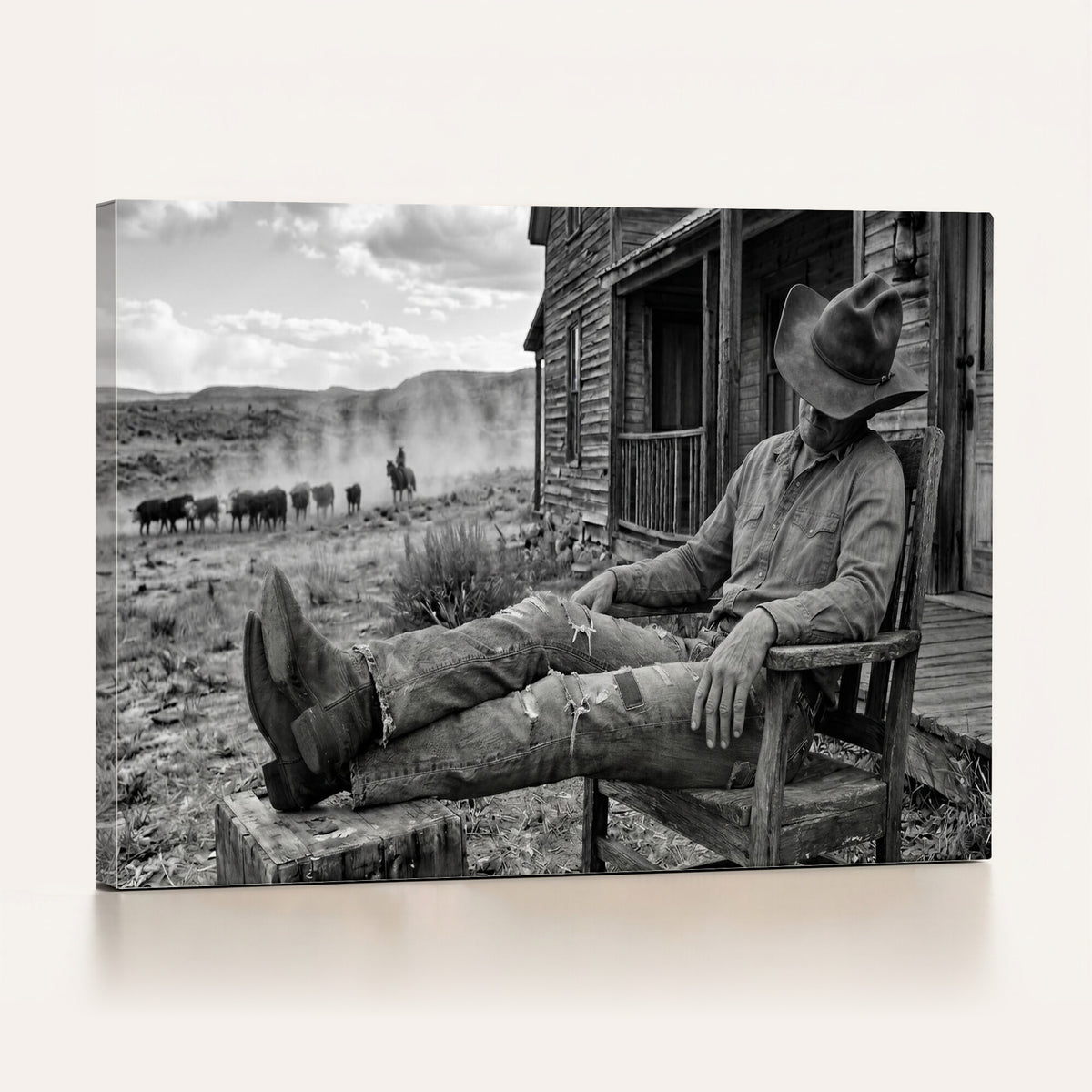 94461975S-MGV-CV-36X24 - Vintage Sleeping Cowboy Wall Art Canvas Print, Western Home Decor