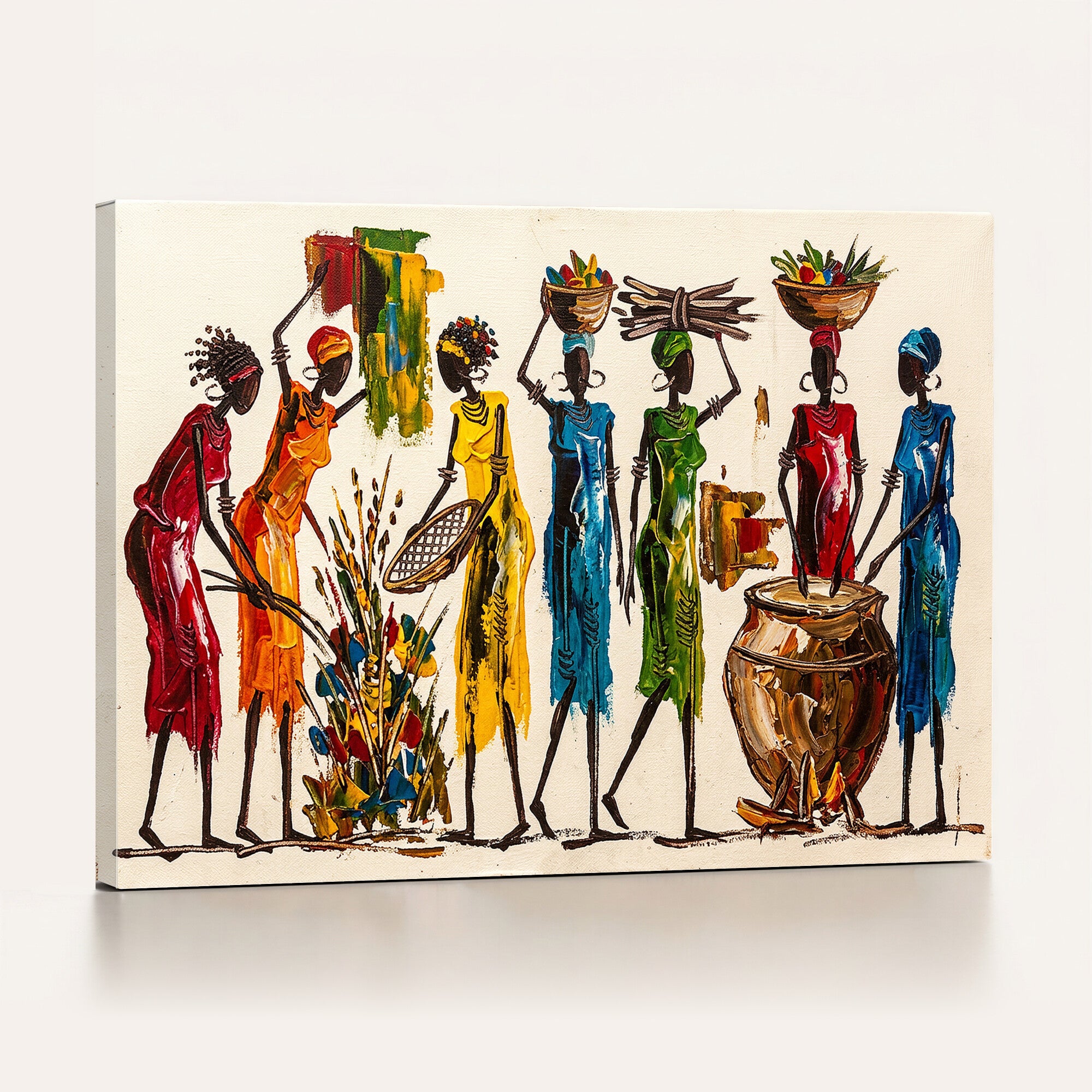83463154-MGV-CV-36X24 - African Folk Art Canvas Wall Art, Colorful African Women Village Painting Print, Tribal Ethnic Home Decor, Vibrant African Art, Living Room