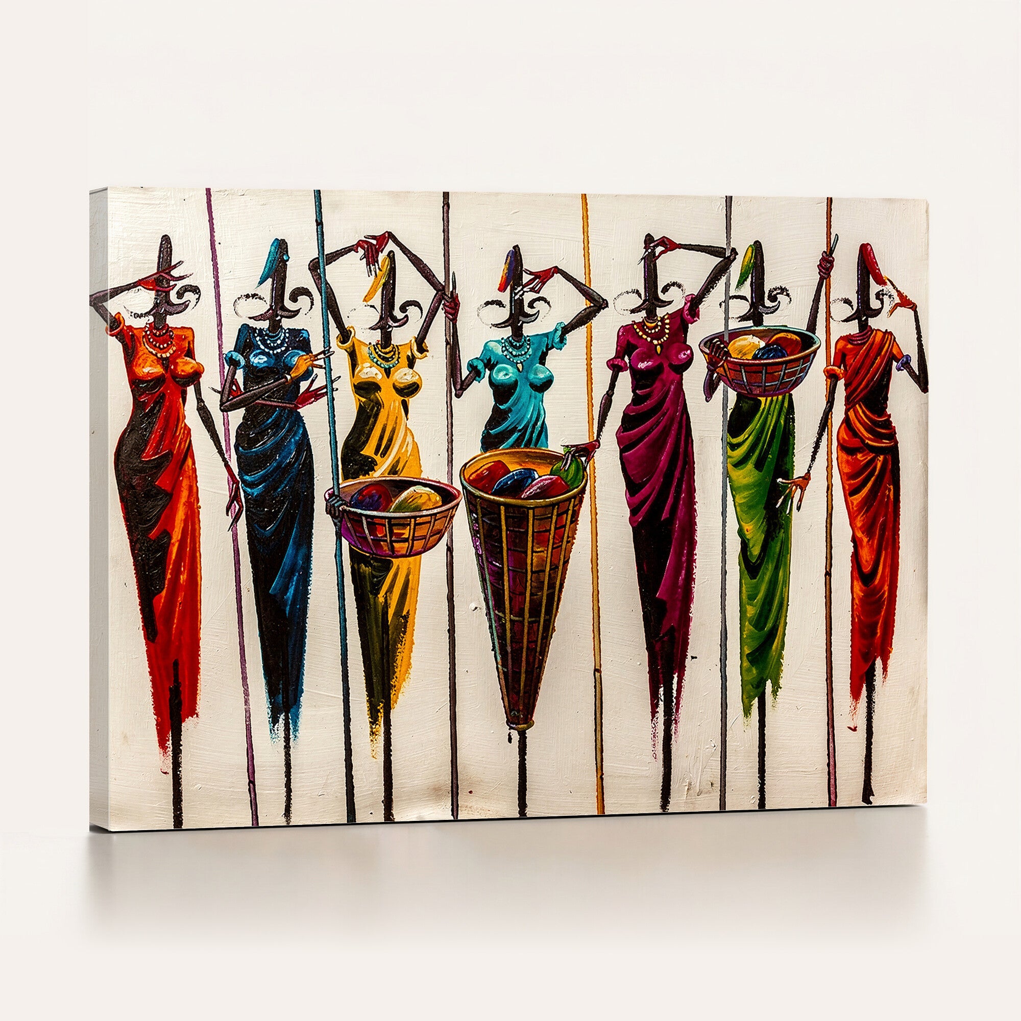 53545627-MGV-CV-36X24 - African Folk Art Canvas Wall Art, Colorful African Women Village Painting Print, Tribal Ethnic Home Decor, Vibrant African Art, Living Room