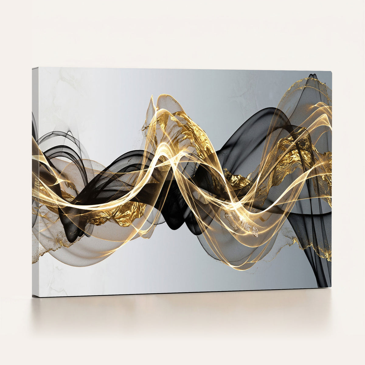 79483321DL-MGV-CV-36X24 - Black and Gold Abstract Wall Art, Modern Wave Canvas Print, Elegant Flowing Smoke Art, Luxury Living Room Decor